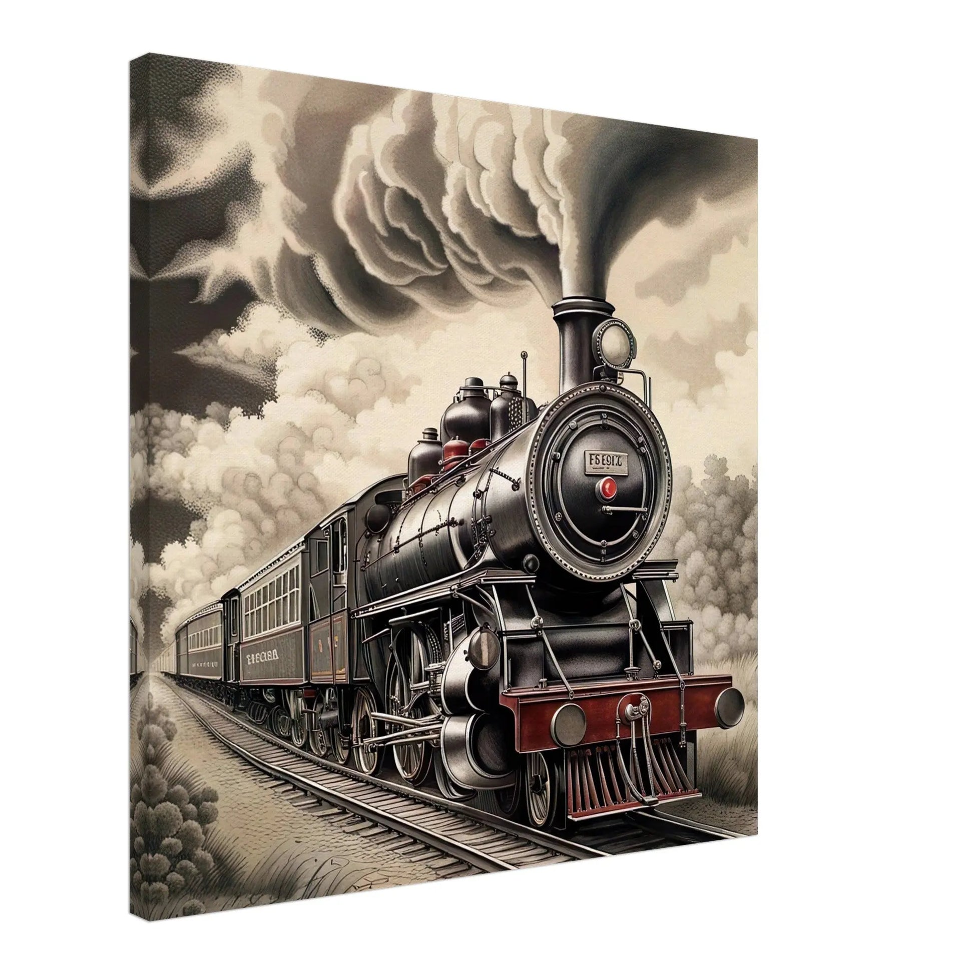 Leinwandbild - Dampflokomotive - Schwarz-Weiß Stil, KI-Kunst - RolConArt, Schwarz-Weiß mit Akzentfarben, 