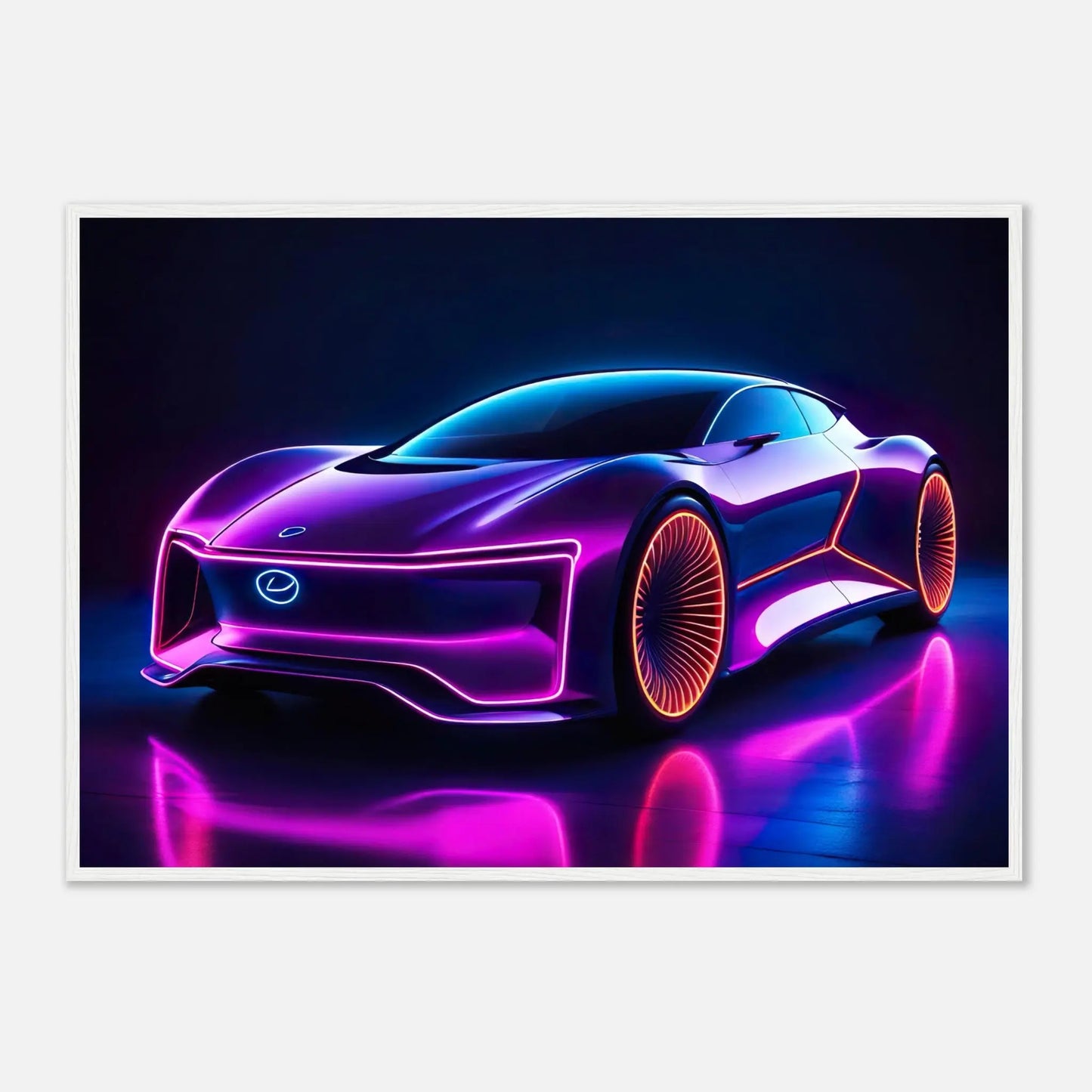 Gerahmtes Premium-Poster -Futuristisches Fahrzeug- Neon Stil, KI-Kunst - RolConArt, Neon, 70x100-cm-28x40-Weißer-Rahmen