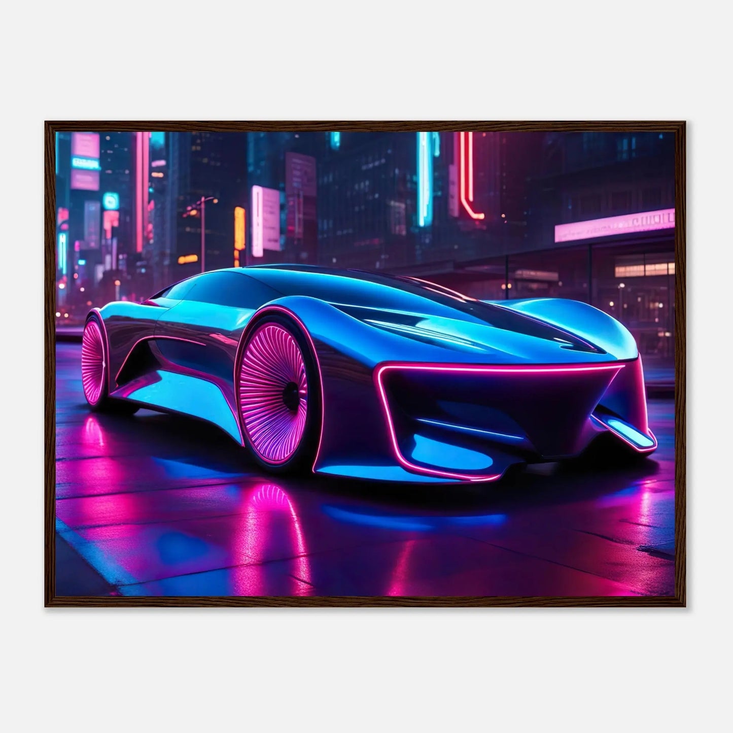 Gerahmtes Premium-Poster -Futuristisches Fahrzeug- Neon Stil, KI-Kunst - RolConArt, Neon, 60x80-cm-24x32-Dunkler-Holzrahmen