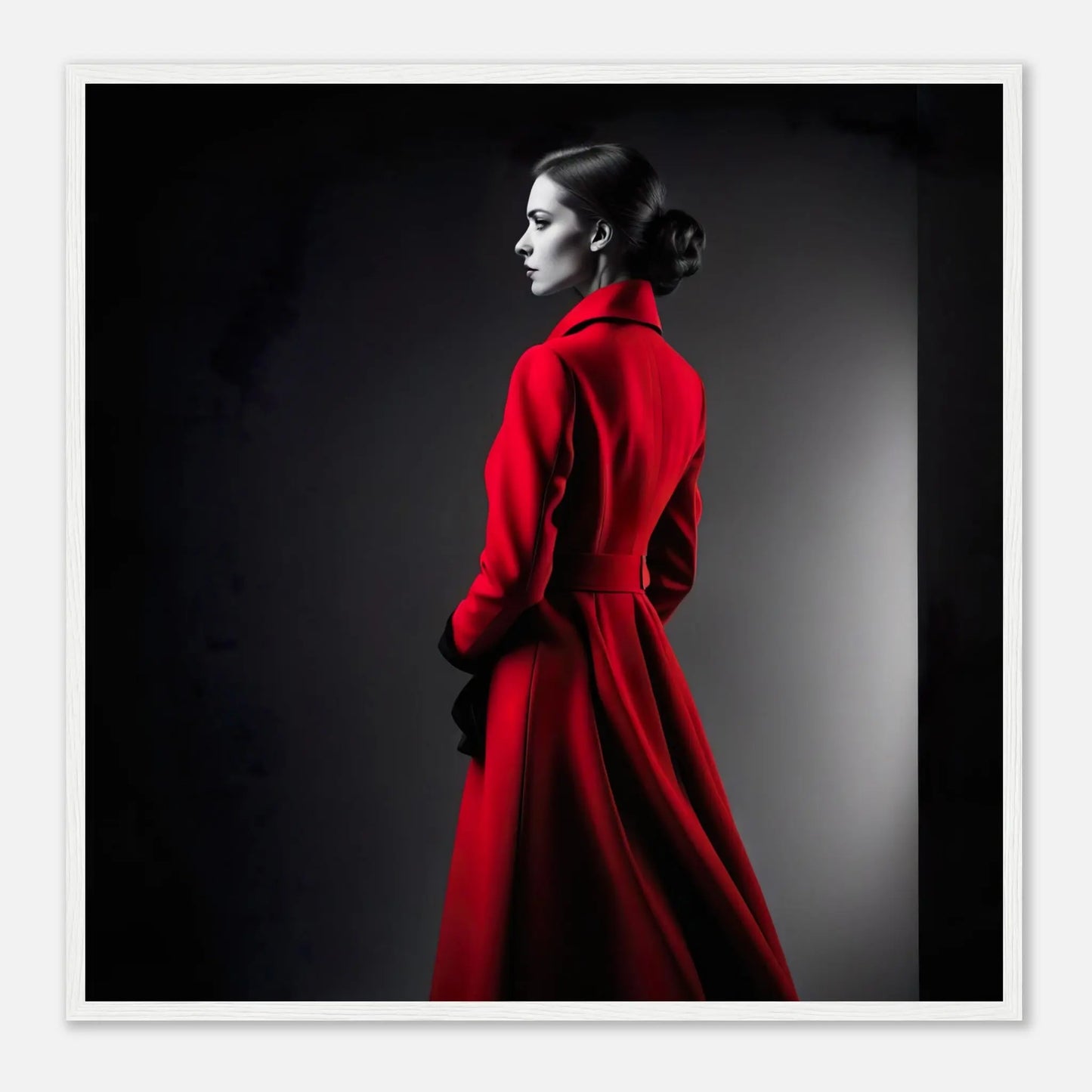 Gerahmtes Premium-Poster - Frau im roten Mantel - Schwarz-Weiß, KI-Kunst - RolConArt, Schwarz-Weiß mit Akzentfarben, 70x70-cm-28x28-Weißer-Rahmen