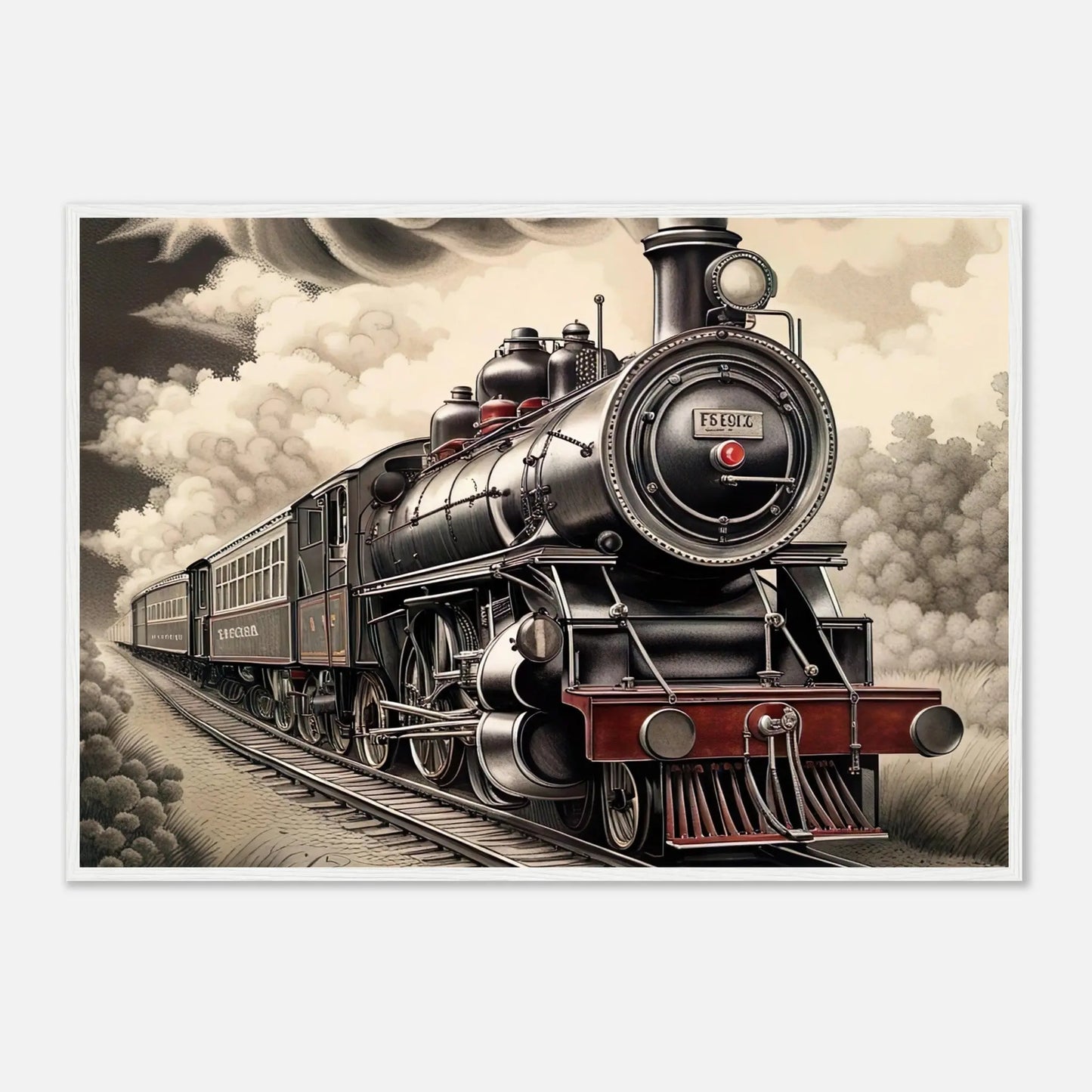 Gerahmtes Premium-Poster - Dampflokomotive - Schwarz-Weiß, KI-Kunst - RolConArt, Schwarz-Weiß mit Akzentfarben, 70x100-cm-28x40-Weißer-Rahmen