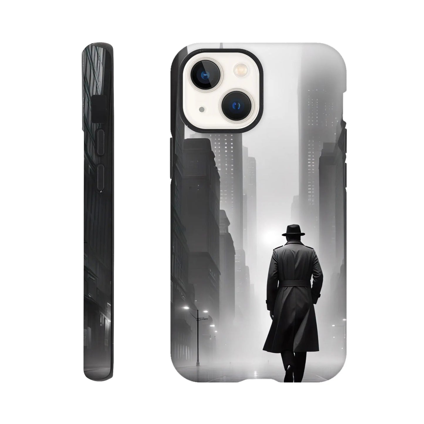 Smartphone-Hülle "Hart" - Stadtgänger - Schwarz-Weiß Stil, KI-Kunst RolConArt, Schwarz-Weiß, iPhone-13-Mini