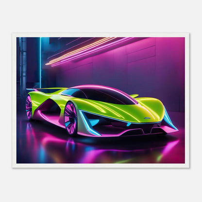 Gerahmtes Premium-Poster -Futuristisches Fahrzeug- Neon Stil, KI-Kunst - RolConArt, Neon, 45x60-cm-18x24-Weißer-Rahmen