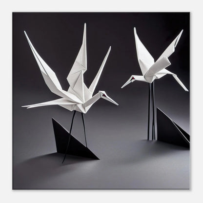 Leinwandbild - Zwei Kraniche - Schwarz-Weiß, Origami Stil, KI-Kunst - RolConArt, Origami Kunst, 50x50-cm-20x20