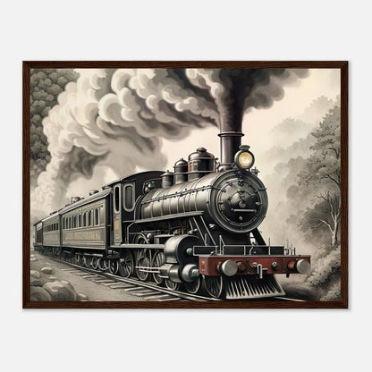 Gerahmtes Premium-Poster - Dampflokomotive - Schwarz-Weiß, KI-Kunst - RolConArt, Schwarz-Weiß mit Akzentfarben, 45x60-cm-18x24-Dunkler-Holzrahmen