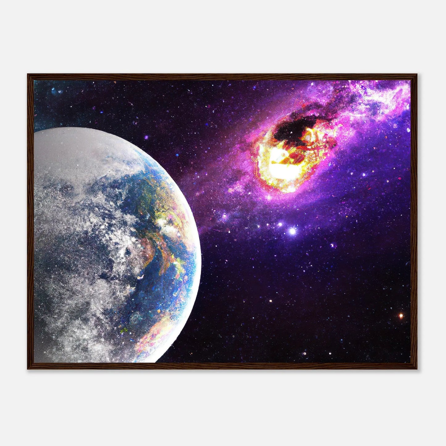 Gerahmtes Premium-Poster - Planet und Komet - Digitaler Stil, KI-Kunst - RolConArt, Sci-Fi, 60x80-cm-24x32-Dunkles-Holz