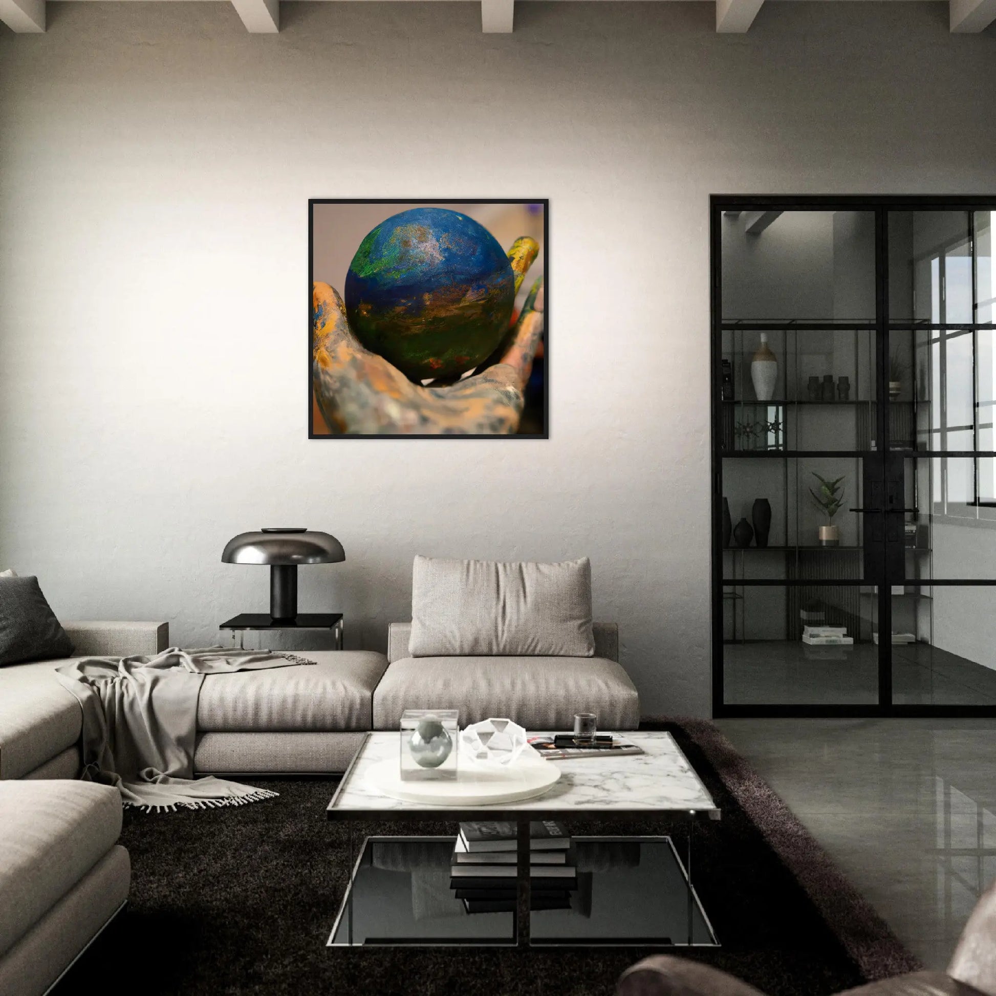 Gerahmtes Premium-Poster - Planet in der Hand - Foto Stil, KI-Kunst - RolConArt, Fotokunst - Kreative Vielfalt, 