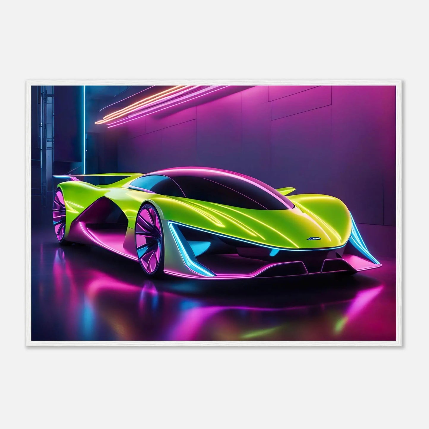 Gerahmtes Premium-Poster -Futuristisches Fahrzeug- Neon Stil, KI-Kunst - RolConArt, Neon, 70x100-cm-28x40-Weißer-Rahmen