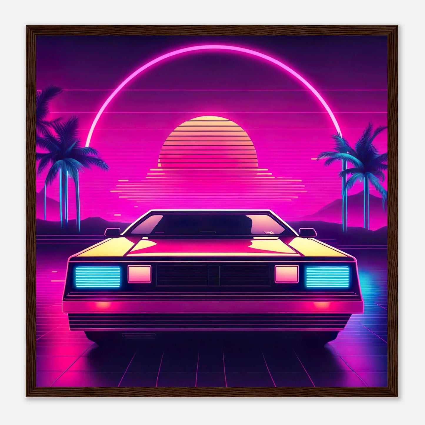 Gerahmtes Premium-Poster - Retro Auto - Neon Stil, KI-Kunst - RolConArt, Neon, 50x50-cm-20x20-Dunkler-Holzrahmen