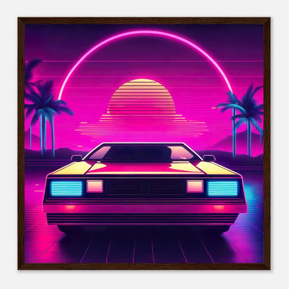 Gerahmtes Premium-Poster - Retro Auto - Neon Stil, KI-Kunst - RolConArt, Neon, 50x50-cm-20x20-Dunkler-Holzrahmen