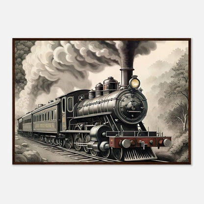 Gerahmtes Premium-Poster - Dampflokomotive - Schwarz-Weiß, KI-Kunst - RolConArt, Schwarz-Weiß mit Akzentfarben, 70x100-cm-28x40-Dunkler-Holzrahmen