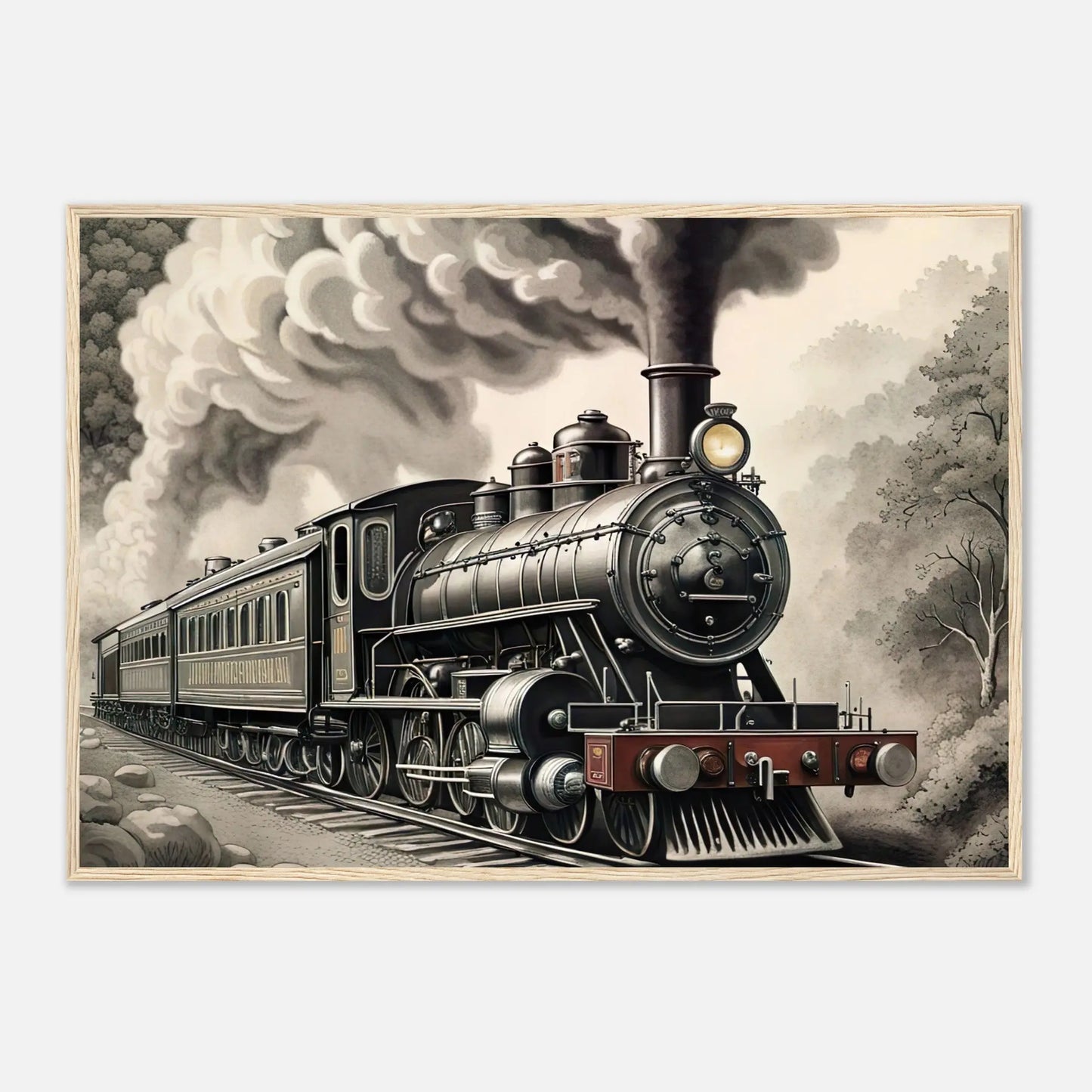 Gerahmtes Premium-Poster - Dampflokomotive - Schwarz-Weiß, KI-Kunst - RolConArt, Schwarz-Weiß mit Akzentfarben, 70x100-cm-28x40-Holzrahmen