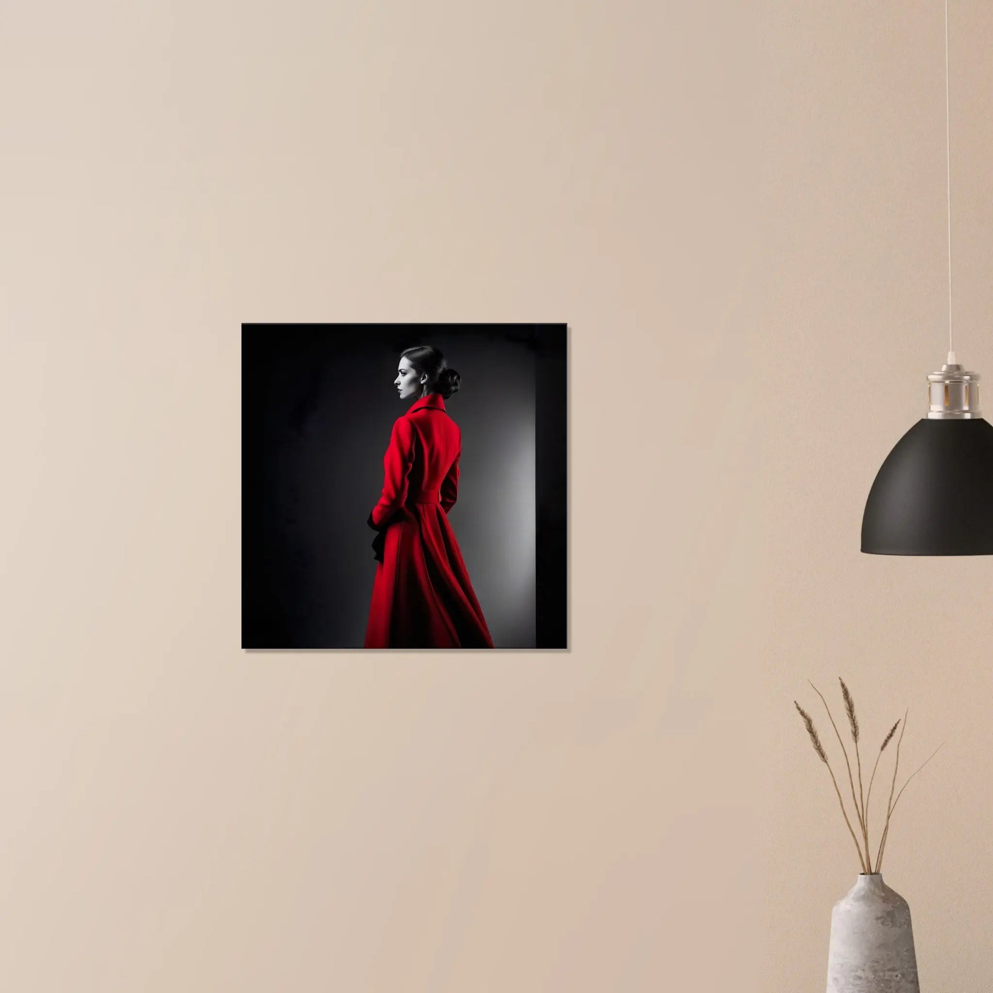 Leinwandbild - Frau im roten Mantel - Schwarz-Weiß Stil, KI-Kunst - RolConArt, Schwarz-Weiß mit Akzentfarben, 