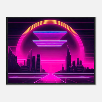 Gerahmtes Premium-Poster - Stadtlandschaft - Neon Stil, KI-Kunst - RolConArt, Neon, 60x80-cm-24x32-Schwarzer-Rahmen