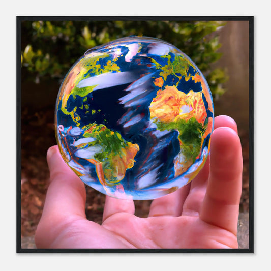 Gerahmtes Premium-Poster - Planet in der Hand - Foto Stil, KI-Kunst - RolConArt, Fotokunst - Kreative Vielfalt, 70x70-cm-28x28-Schwarz