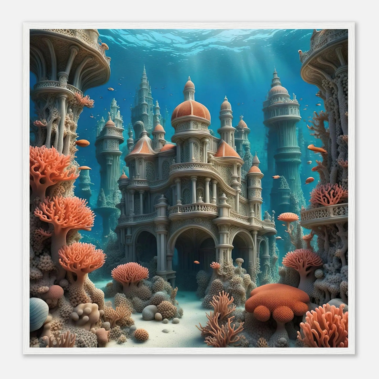 Gerahmtes Premium-Poster - Unterwasserwelt - Digitaler Stil, KI-Kunst - RolConArt, Unterwasserlandschaften, 70x70-cm-28x28-Weißer-Rahmen
