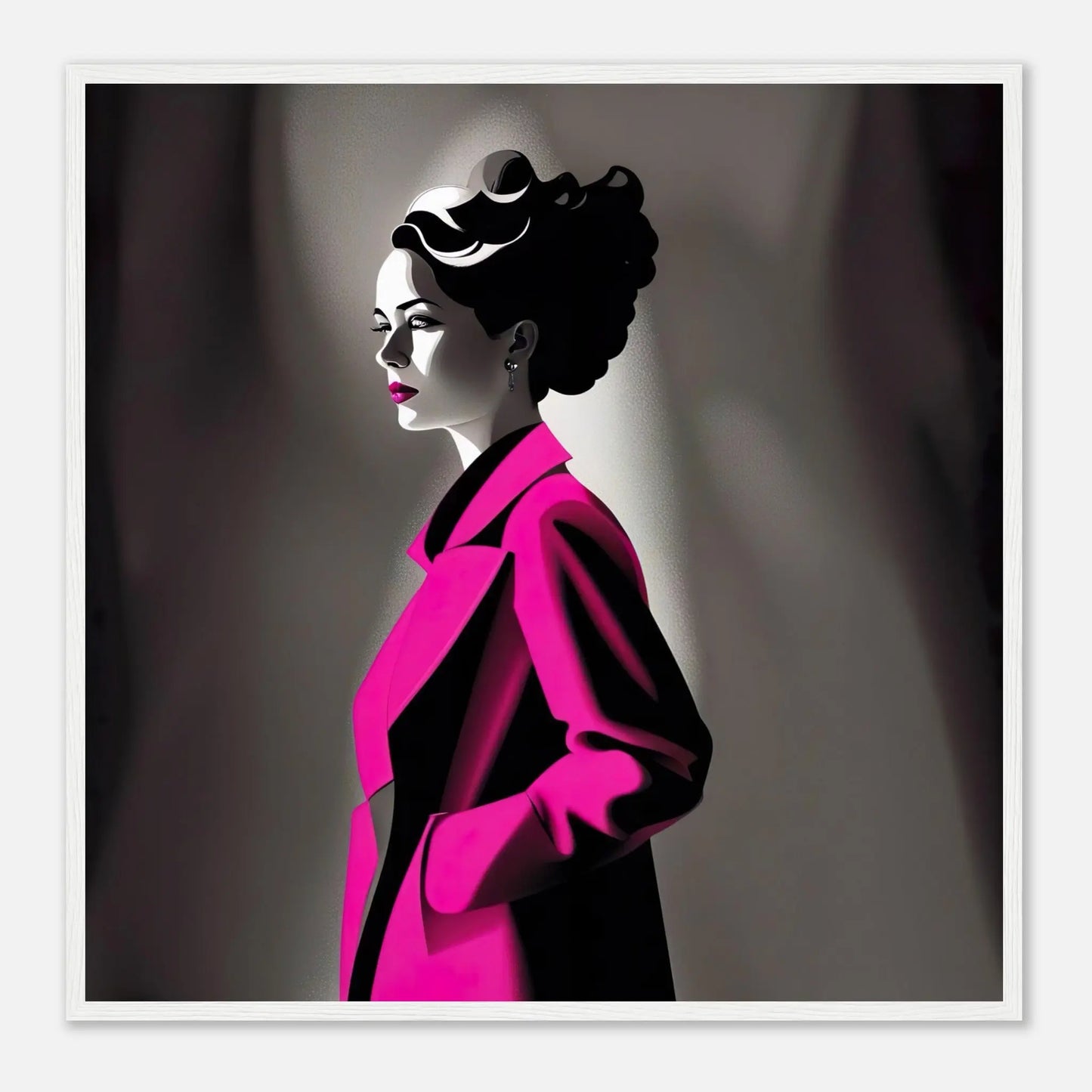 Gerahmtes Premium-Poster - Frau im rosa Mantel - Schwarz-Weiß, KI-Kunst - RolConArt, Schwarz-Weiß mit Akzentfarben, 70x70-cm-28x28-Weißer-Rahmen