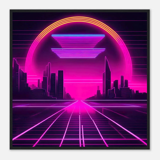 Gerahmtes Premium-Poster - Stadtlandschaft - Neon Stil, KI-Kunst - RolConArt, Neon, 70x70-cm-28x28-Schwarzer-Rahmen