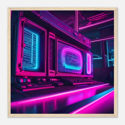 Gerahmtes Premium-Poster - Retro Computer - Neon Stil, KI-Kunst - RolConArt, Neon, 50x50-cm-20x20-Holzrahmen