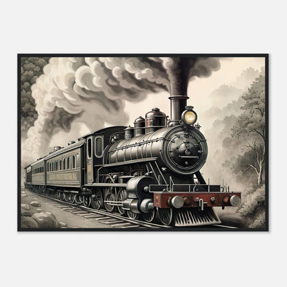 Gerahmtes Premium-Poster - Dampflokomotive - Schwarz-Weiß, KI-Kunst - RolConArt, Schwarz-Weiß mit Akzentfarben, 70x100-cm-28x40-Schwarzer-Rahmen