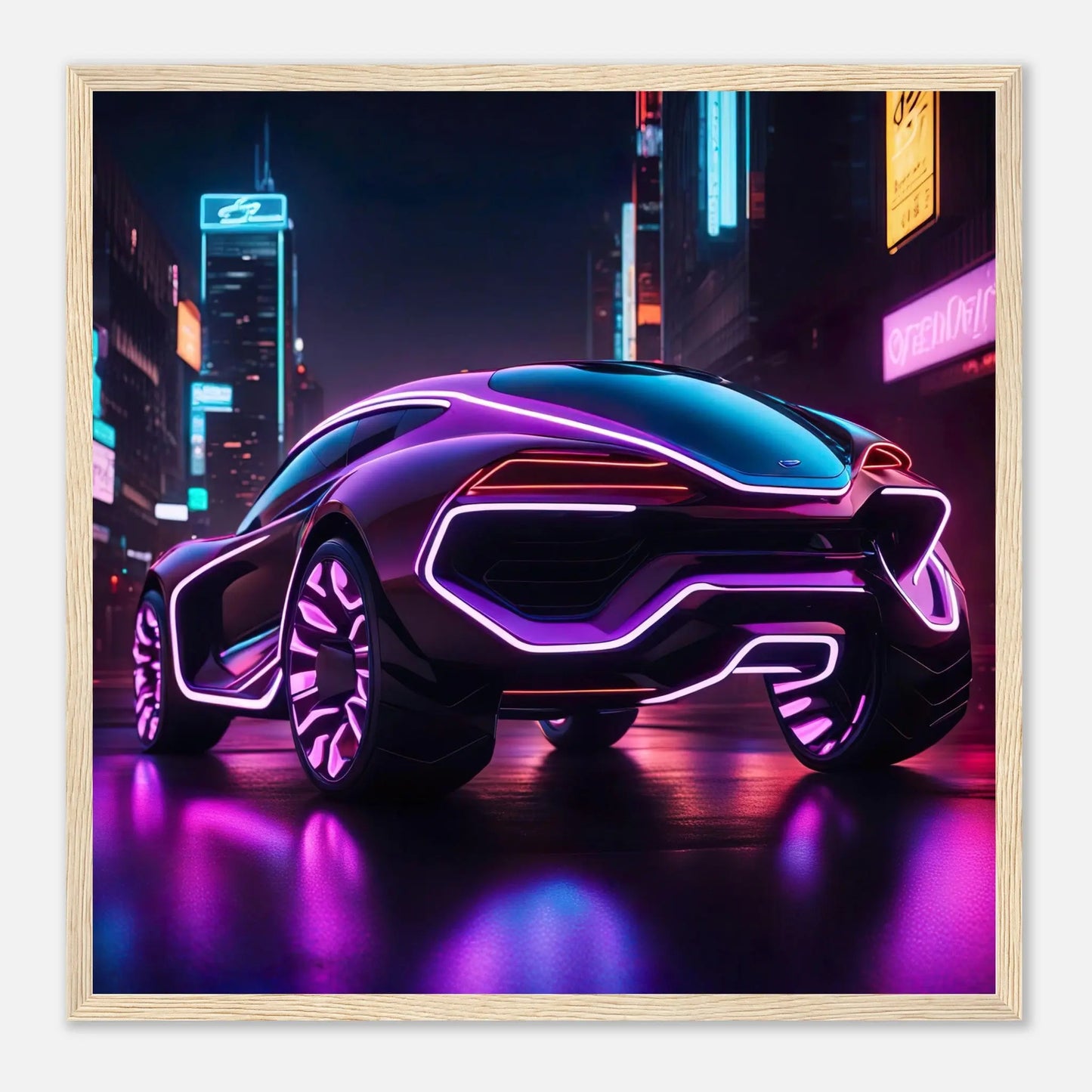 Gerahmtes Premium-Poster -Futuristisches Fahrzeug- Neon Stil, KI-Kunst - RolConArt, Neon, 50x50-cm-20x20-Holzrahmen