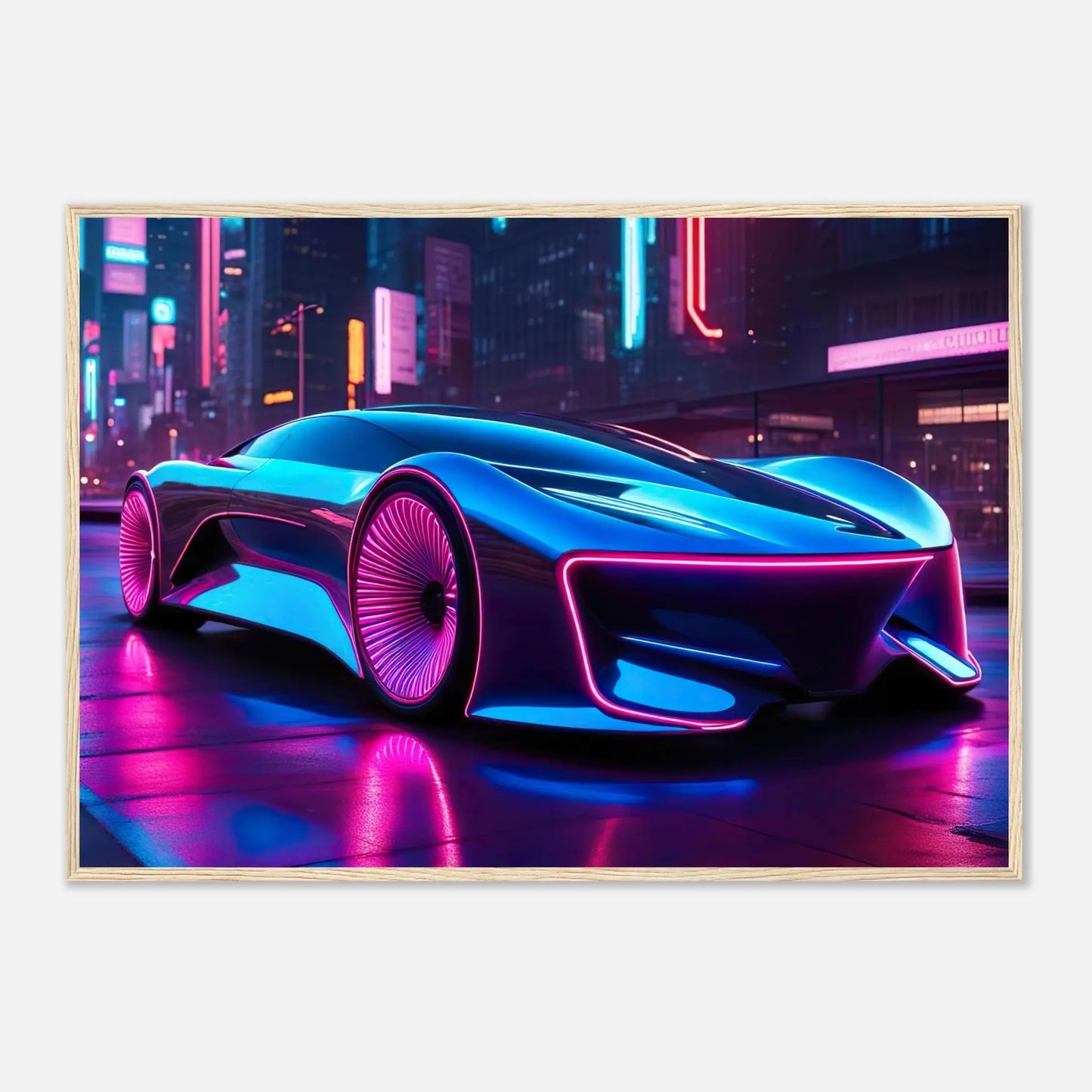 Gerahmtes Premium-Poster -Futuristisches Fahrzeug- Neon Stil, KI-Kunst - RolConArt, Neon, 70x100-cm-28x40-Holzrahmen