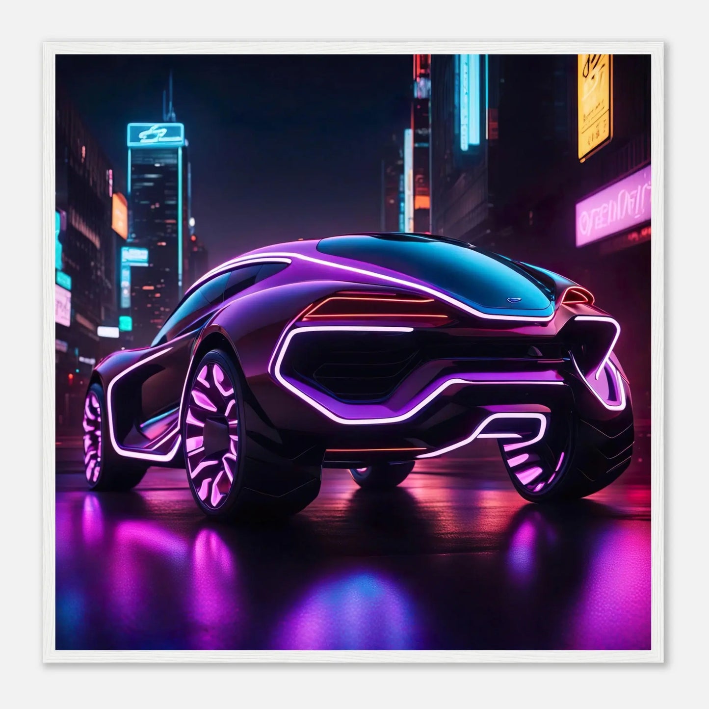 Gerahmtes Premium-Poster -Futuristisches Fahrzeug- Neon Stil, KI-Kunst - RolConArt, Neon, 70x70-cm-28x28-Weißer-Rahmen