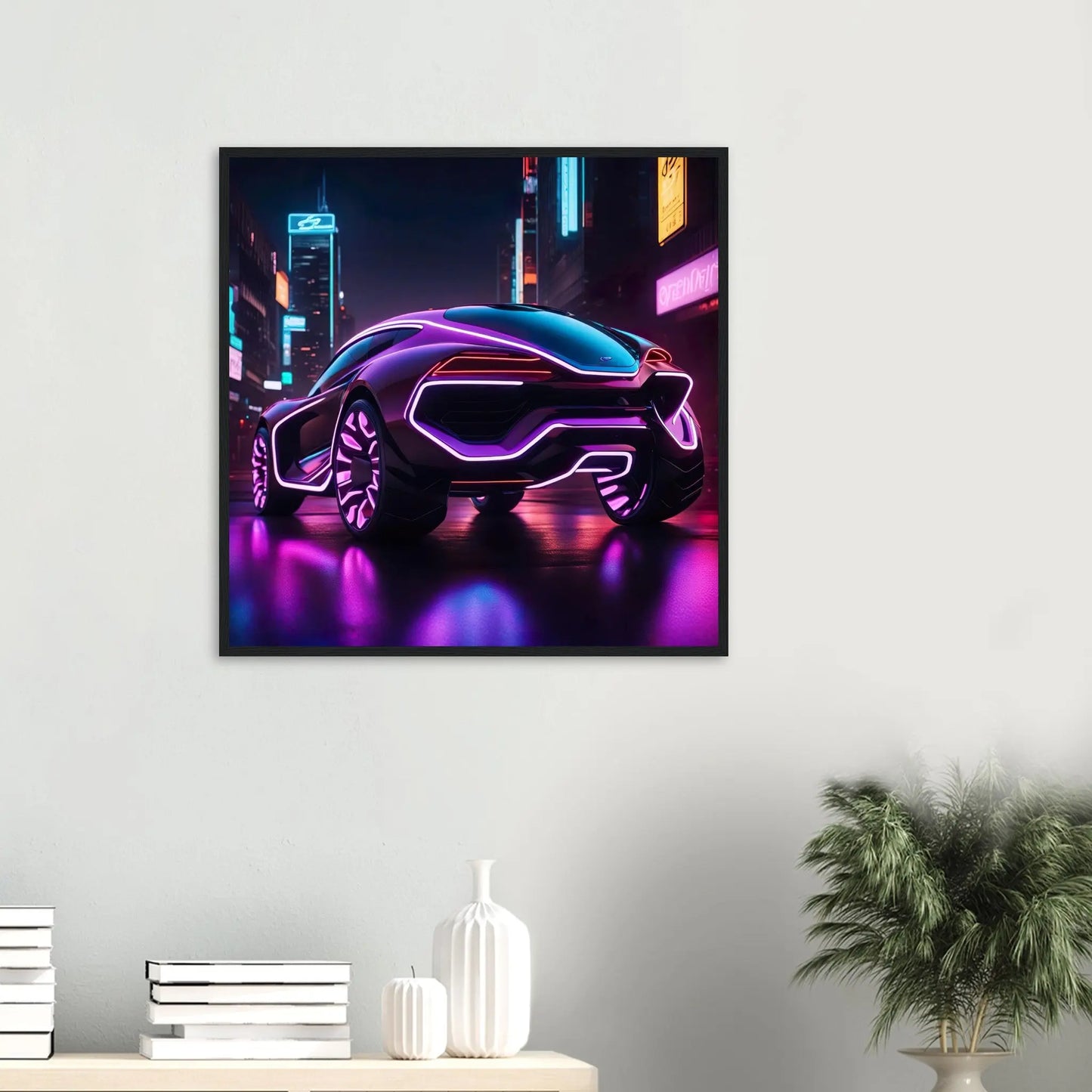 Gerahmtes Premium-Poster -Futuristisches Fahrzeug- Neon Stil, KI-Kunst - RolConArt, Neon, 