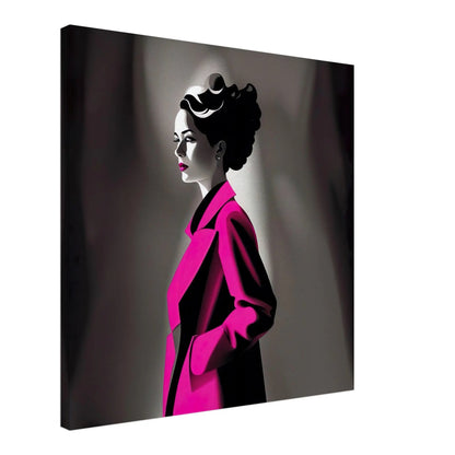 Leinwandbild - Frau im rosa Mantel - Schwarz-Weiß Stil, KI-Kunst - RolConArt, Schwarz-Weiß mit Akzentfarben, 