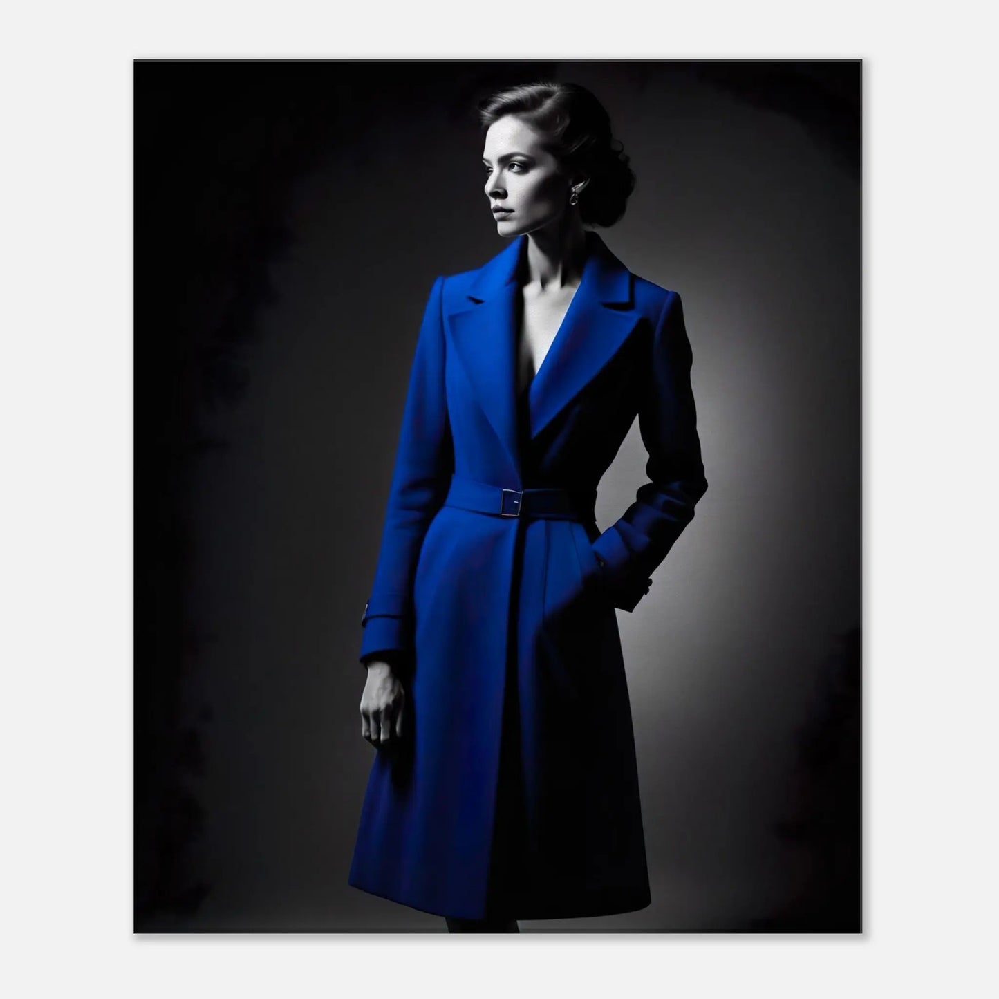 Leinwandbild - Frau im blauen Mantel - Schwarz-Weiß Stil, KI-Kunst - RolConArt, Schwarz-Weiß mit Akzentfarben, 50x60-cm-20x24
