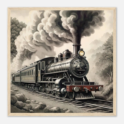 Gerahmtes Premium-Poster - Dampflokomotive - Schwarz-Weiß, KI-Kunst - RolConArt, Schwarz-Weiß mit Akzentfarben, 50x50-cm-20x20-Holzrahmen