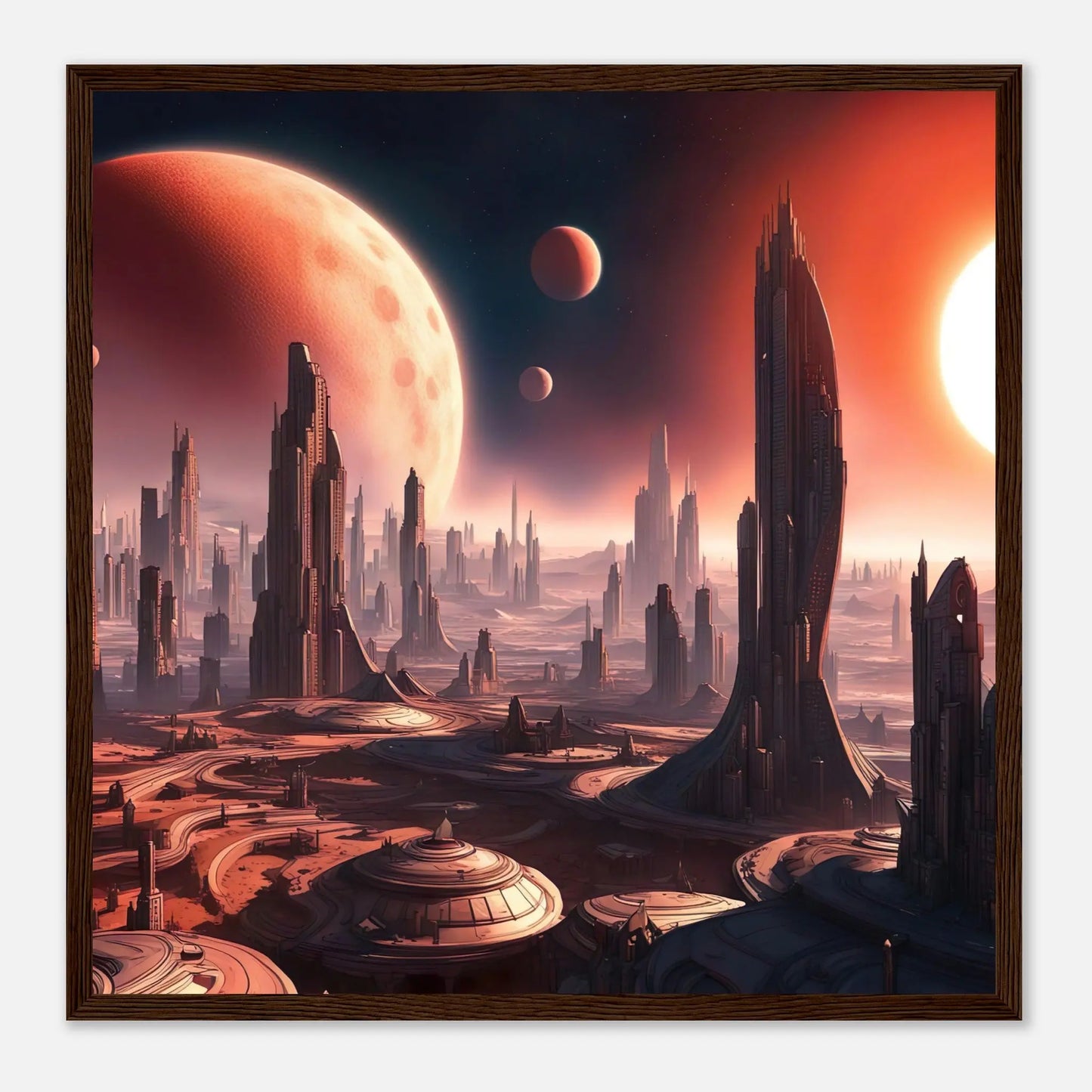 Gerahmtes Premium-Poster -Futuristische Welt- Digitaler Stil, KI-Kunst - RolConArt, Sci-Fi, 50x50-cm-20x20-Dunkler-Holzrahmen