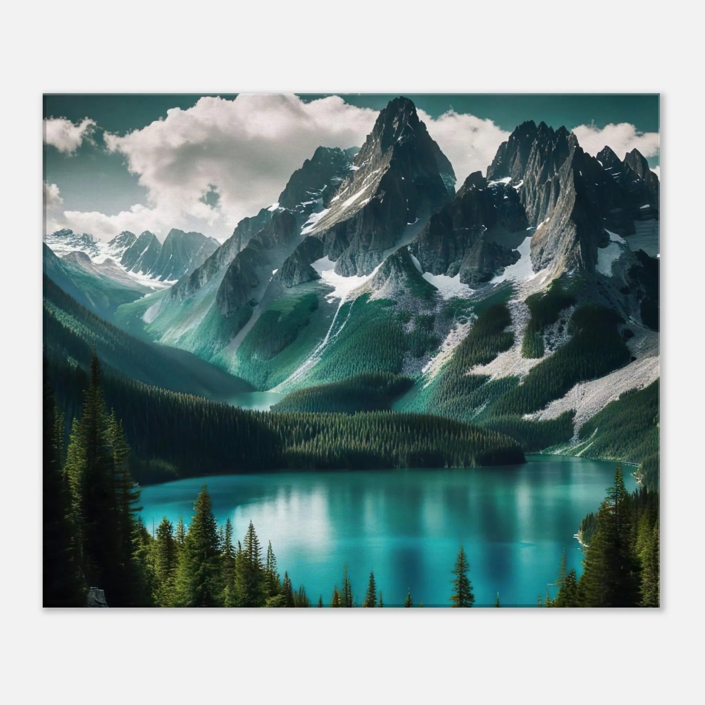 Leinwandbild - Berglandschaft mit See - Foto Stil, KI-Kunst - RolConArt, Landschaften, 50x60-cm-20x24