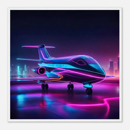 Gerahmtes Premium-Poster -Futuristisches Flugzeug- Neon Stil, KI-Kunst - RolConArt, Neon, 70x70-cm-28x28-Weißer-Rahmen