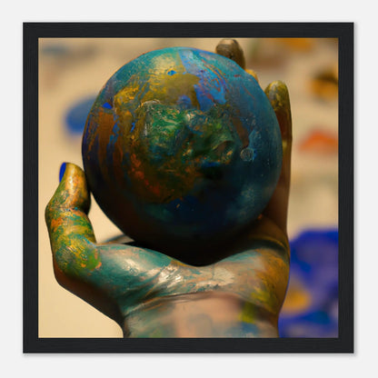 Gerahmtes Premium-Poster - Planet in der Hand - Foto Stil, KI-Kunst - RolConArt, Fotokunst - Kreative Vielfalt, 30x30-cm-12x12-Schwarz