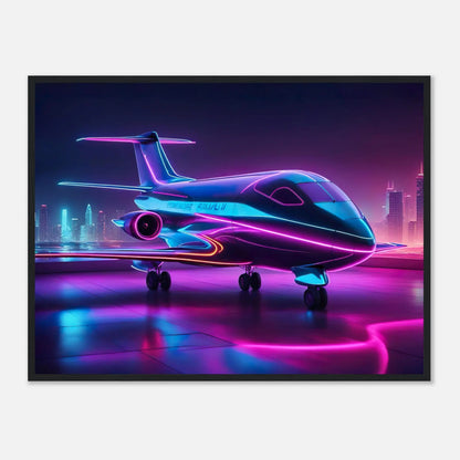 Gerahmtes Premium-Poster -Futuristisches Flugzeug- Neon Stil, KI-Kunst - RolConArt, Neon, 60x80-cm-24x32-Schwarzer-Rahmen