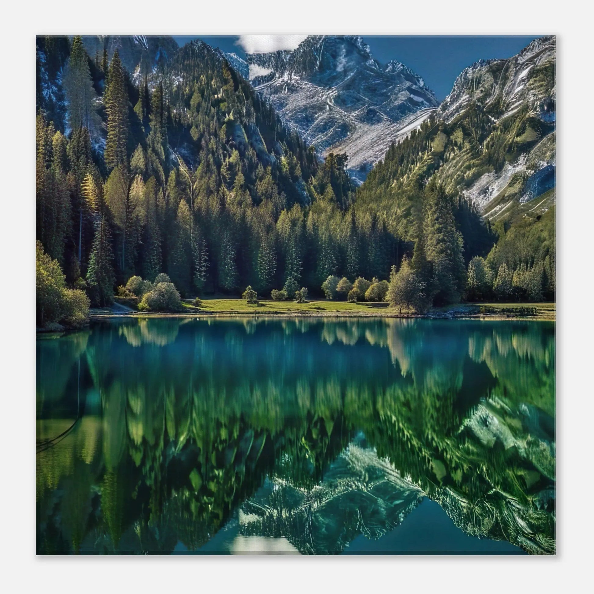 Leinwandbild - Berglandschaft mit See - Foto Stil, KI-Kunst - RolConArt, Landschaften, 40x40-cm-16x16