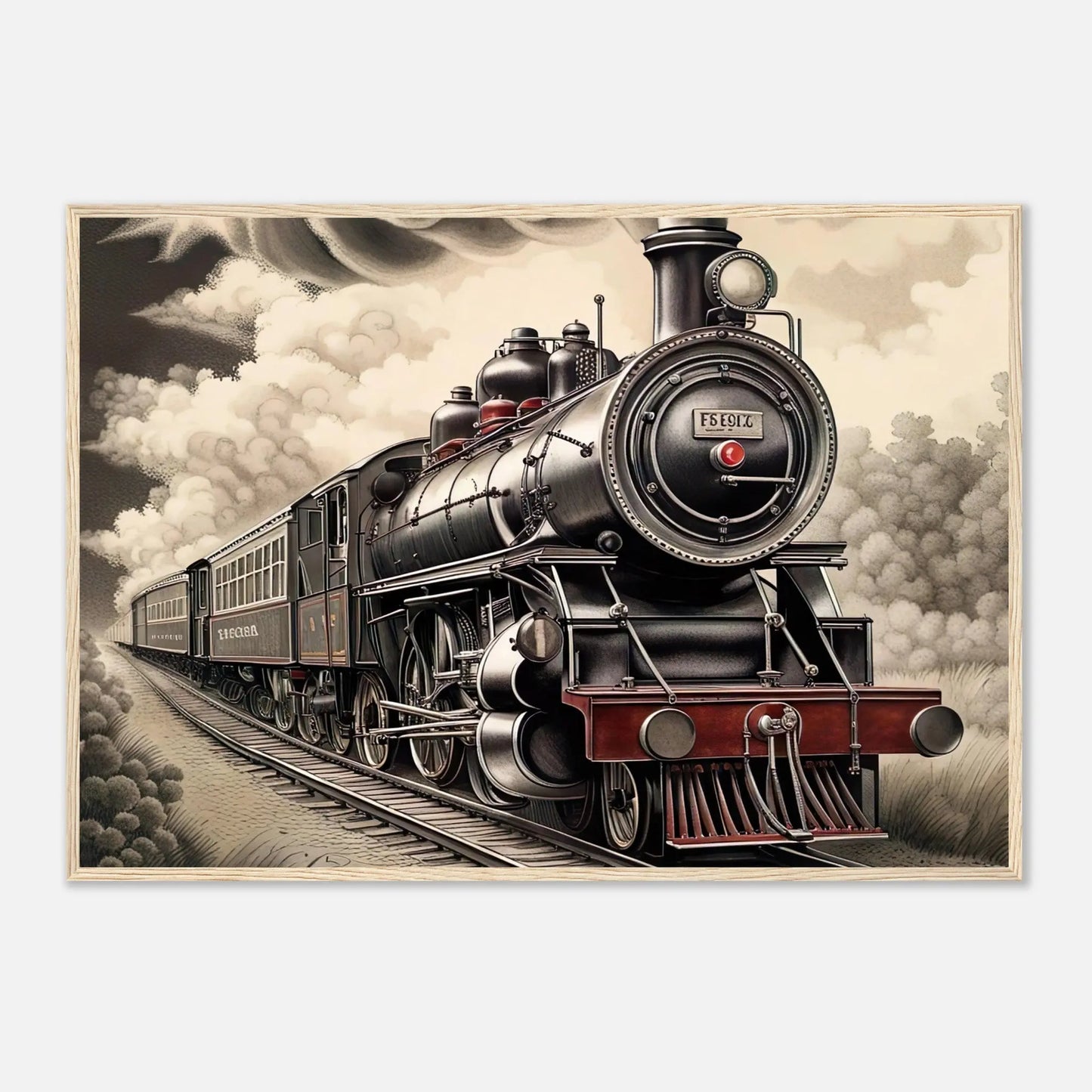 Gerahmtes Premium-Poster - Dampflokomotive - Schwarz-Weiß, KI-Kunst - RolConArt, Schwarz-Weiß mit Akzentfarben, 70x100-cm-28x40-Holzrahmen