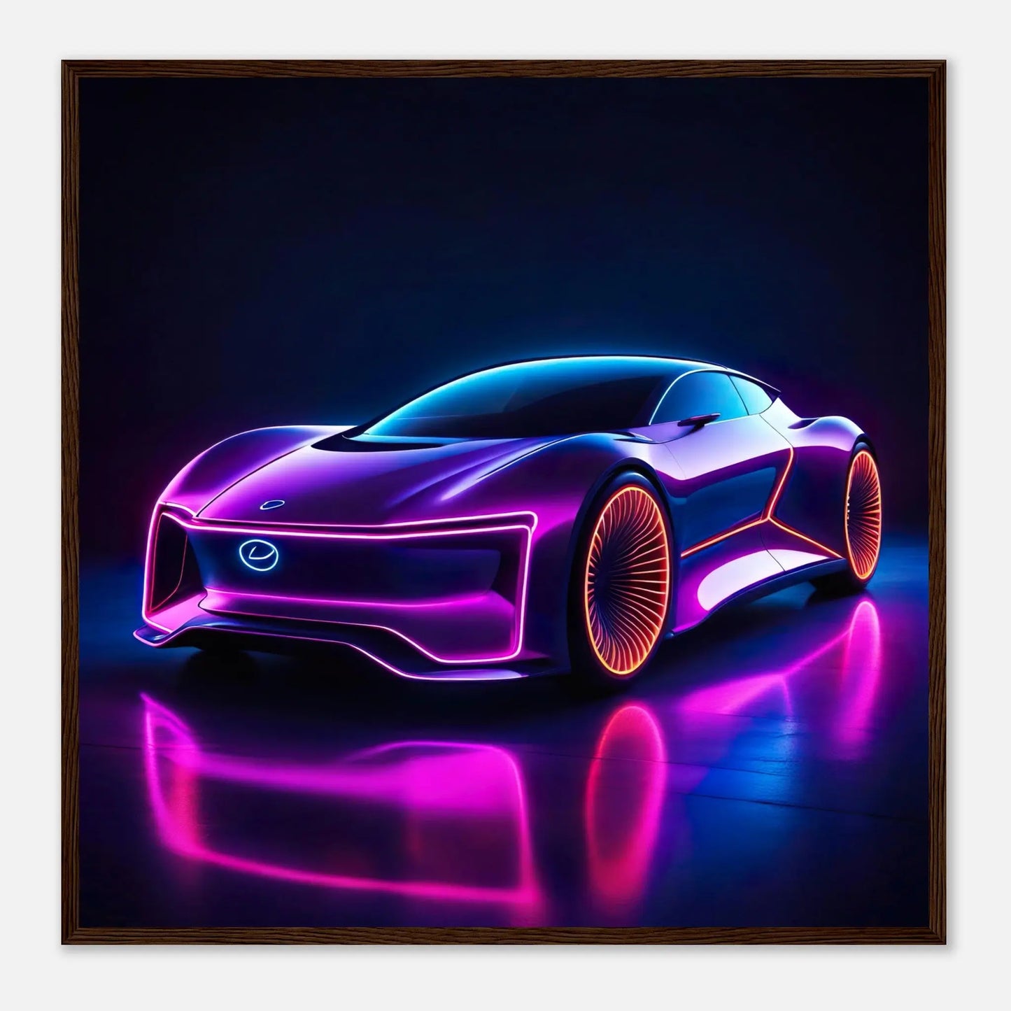 Gerahmtes Premium-Poster -Futuristisches Fahrzeug- Neon Stil, KI-Kunst - RolConArt, Neon, 70x70-cm-28x28-Dunkler-Holzrahmen