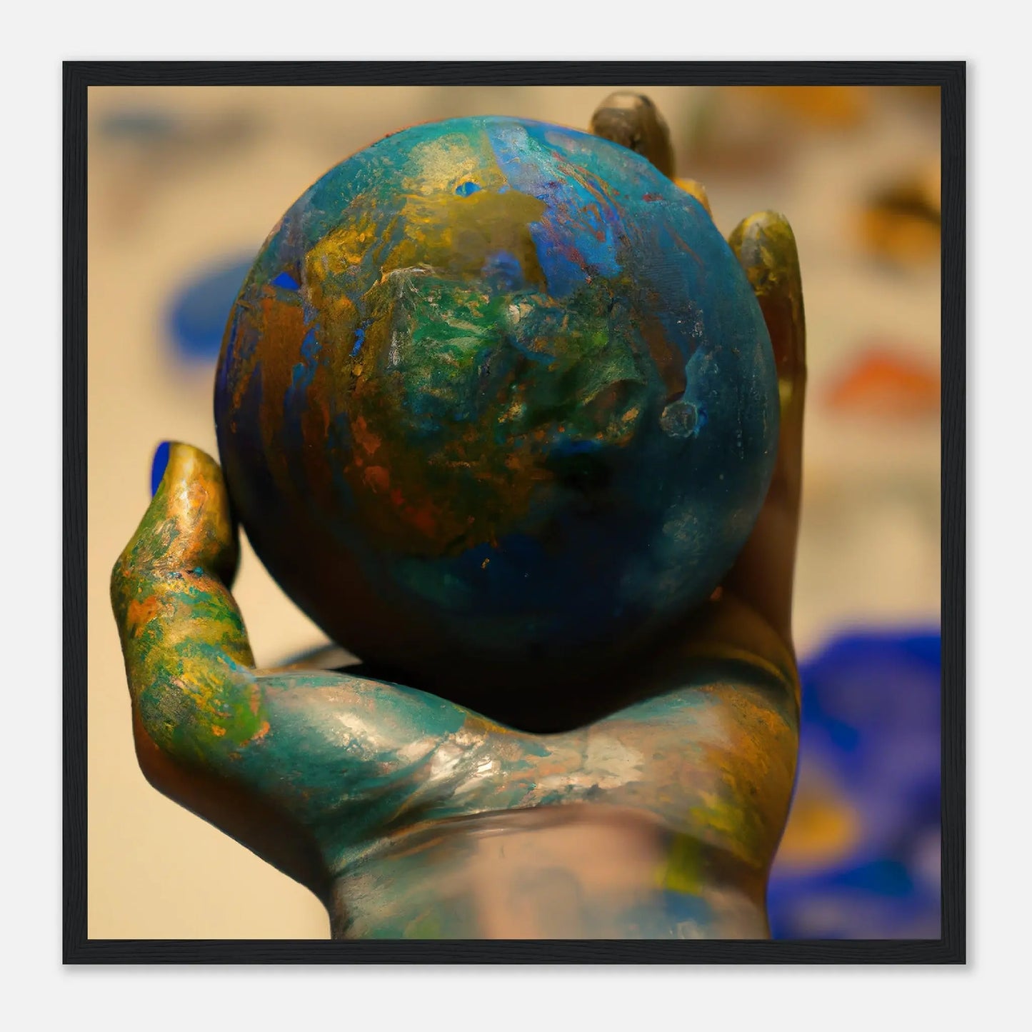 Gerahmtes Premium-Poster - Planet in der Hand - Foto Stil, KI-Kunst - RolConArt, Fotokunst - Kreative Vielfalt, 50x50-cm-20x20-Schwarz