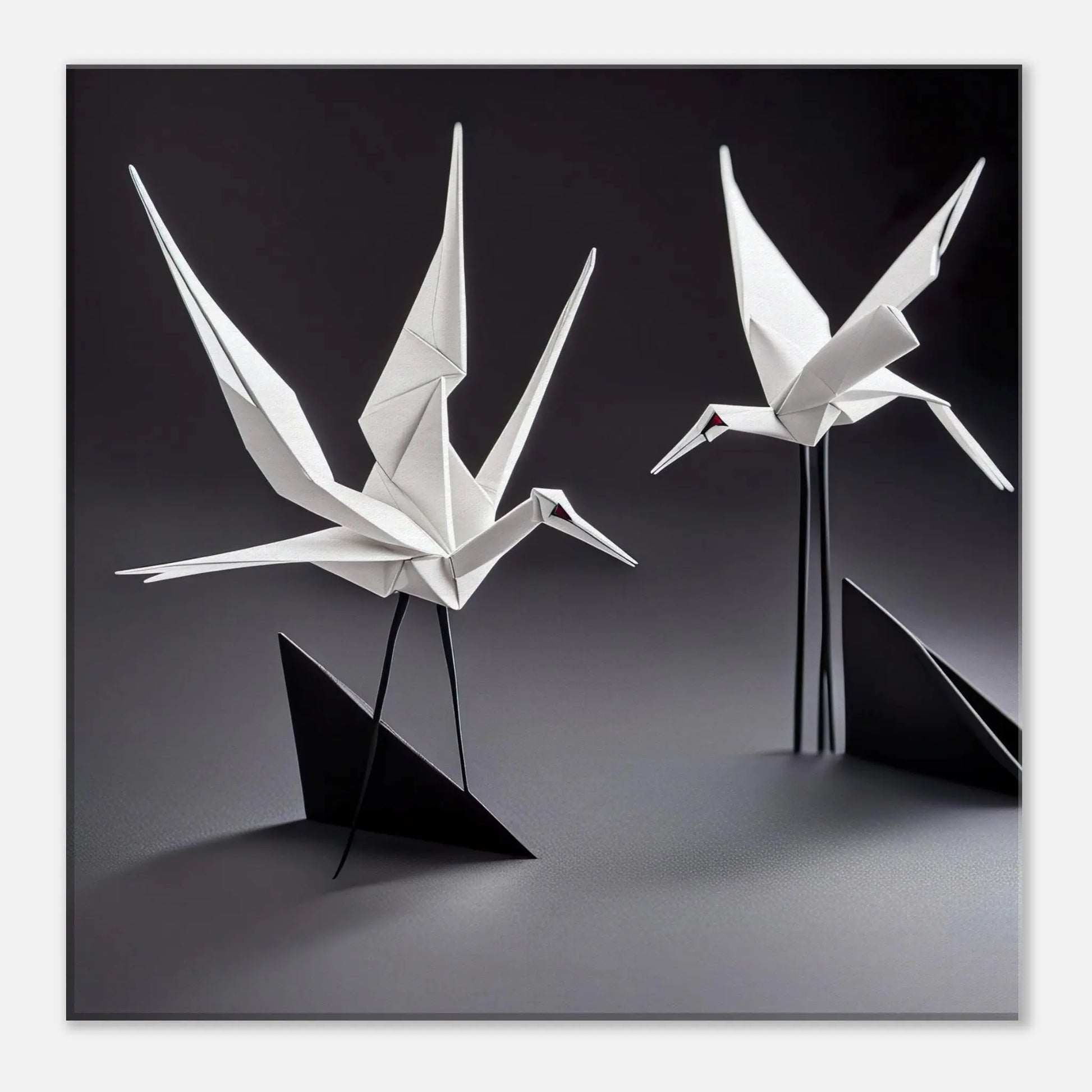 Leinwandbild - Zwei Kraniche - Schwarz-Weiß, Origami Stil, KI-Kunst - RolConArt, Origami Kunst, 40x40-cm-16x16