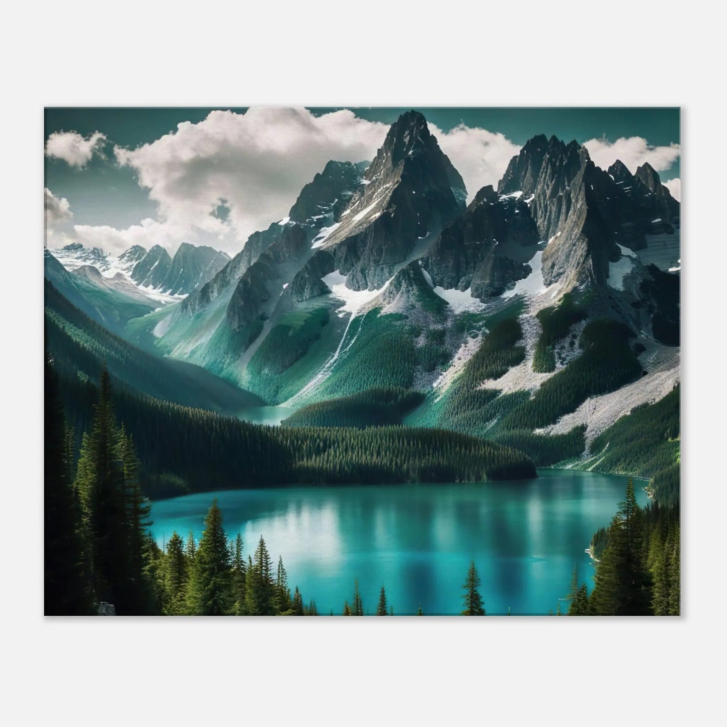 Leinwandbild - Berglandschaft mit See - Foto Stil, KI-Kunst - RolConArt, Landschaften, 60x75-cm-24x30