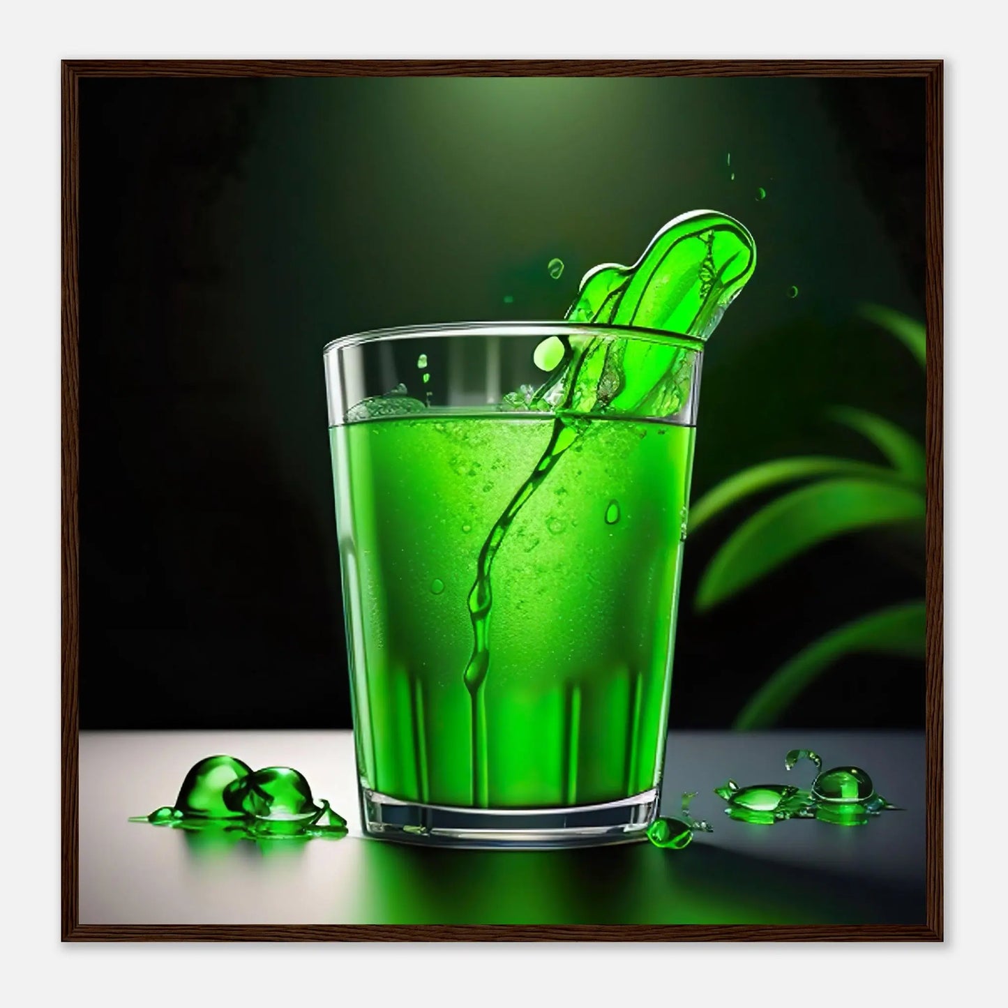 Gerahmtes Premium-Poster - Glas mit grünem Trank - Foto Stil, KI-Kunst - RolConArt, Kreative Vielfalt, 70x70-cm-28x28-Dunkler-Holzrahmen