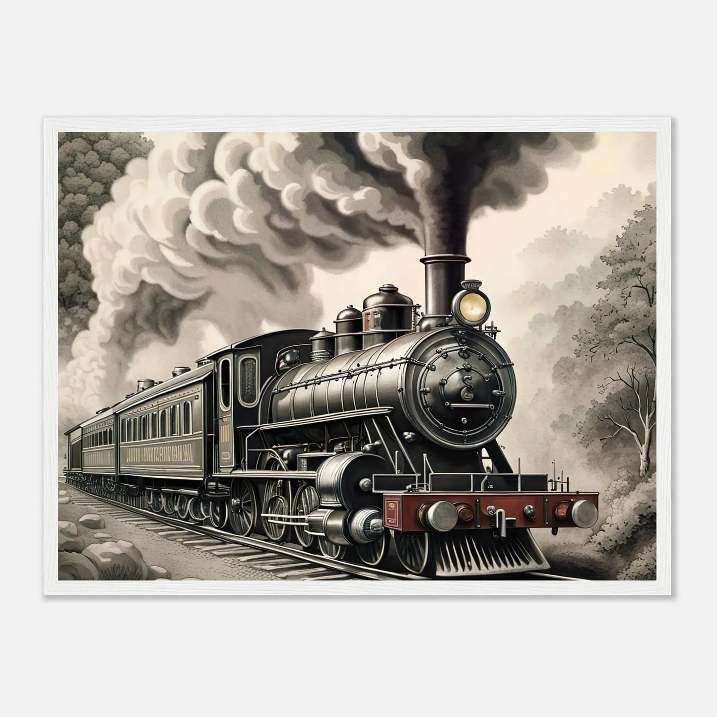 Gerahmtes Premium-Poster - Dampflokomotive - Schwarz-Weiß, KI-Kunst - RolConArt, Schwarz-Weiß mit Akzentfarben, 45x60-cm-18x24-Weißer-Rahmen