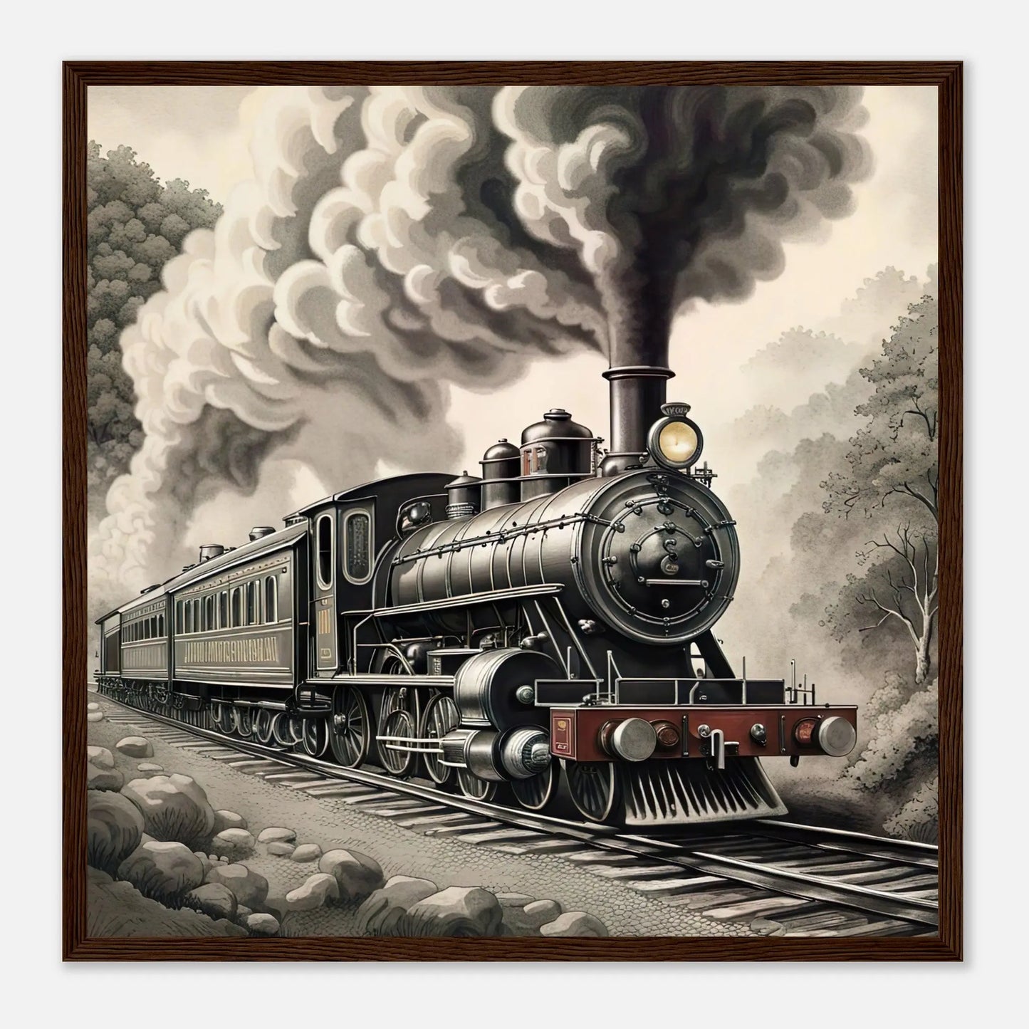 Gerahmtes Premium-Poster - Dampflokomotive - Schwarz-Weiß, KI-Kunst - RolConArt, Schwarz-Weiß mit Akzentfarben, 50x50-cm-20x20-Dunkler-Holzrahmen