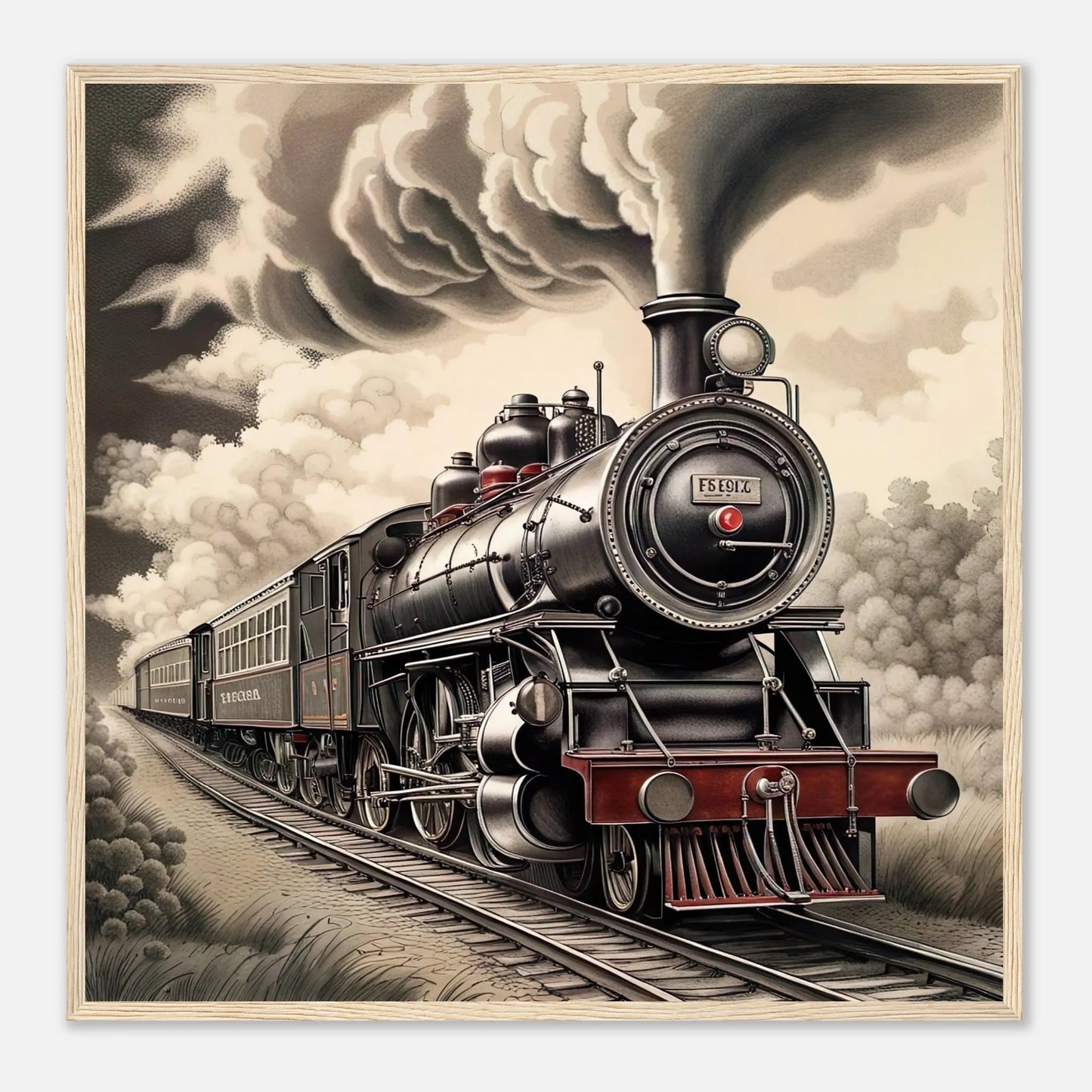 Gerahmtes Premium-Poster - Dampflokomotive - Schwarz-Weiß, KI-Kunst - RolConArt, Schwarz-Weiß mit Akzentfarben, 70x70-cm-28x28-Holzrahmen