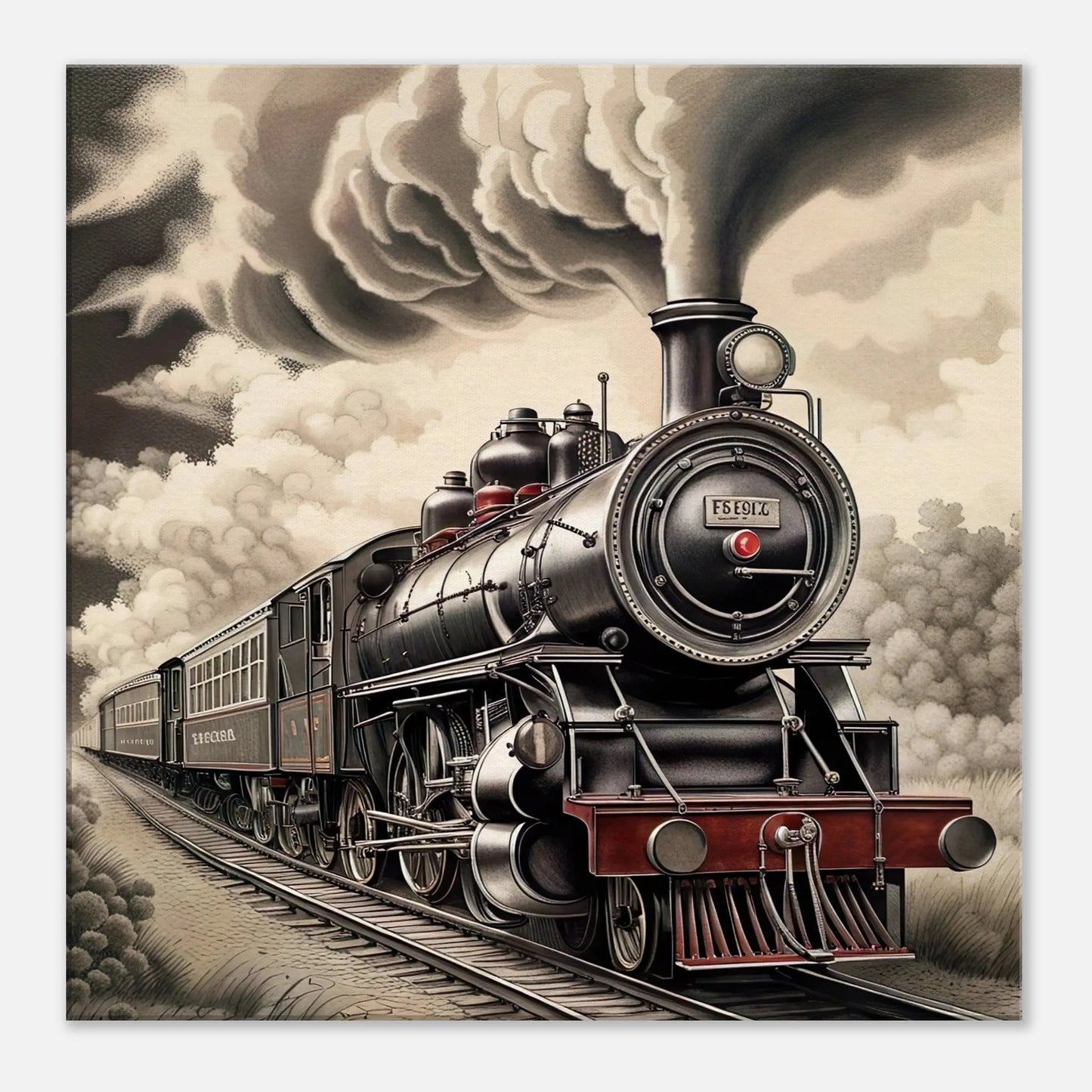 Leinwandbild - Dampflokomotive - Schwarz-Weiß Stil, KI-Kunst - RolConArt, Schwarz-Weiß mit Akzentfarben, 60x60-cm-24x24