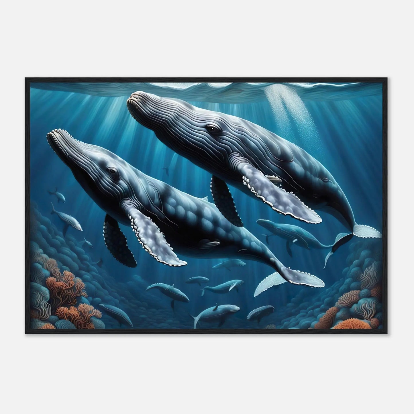 Gerahmtes Premium-Poster - Buckelwale - Digitaler Stil, KI-Kunst - RolConArt, Unterwasserlandschaften, 70x100-cm-28x40-Schwarzer-Rahmen