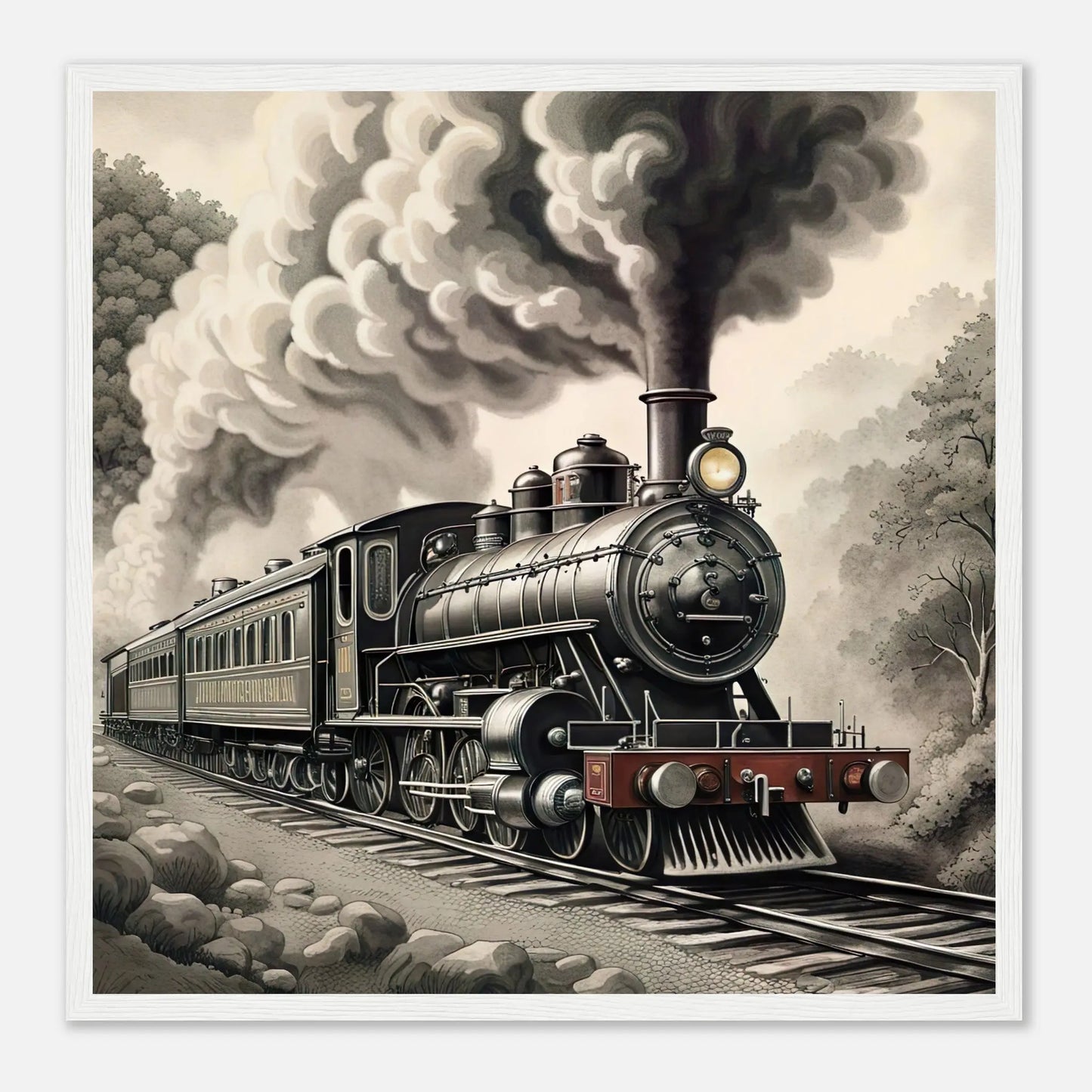 Gerahmtes Premium-Poster - Dampflokomotive - Schwarz-Weiß, KI-Kunst - RolConArt, Schwarz-Weiß mit Akzentfarben, 50x50-cm-20x20-Weißer-Rahmen