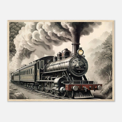 Gerahmtes Premium-Poster - Dampflokomotive - Schwarz-Weiß, KI-Kunst - RolConArt, Schwarz-Weiß mit Akzentfarben, 60x80-cm-24x32-Holzrahmen